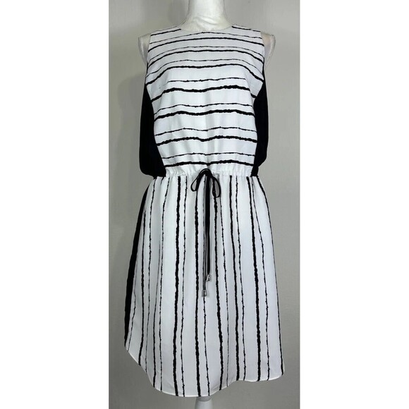 Vince Camuto Black & White Sleeveless Drawstring Waist Midi Dress Size 12 - Picture 1 of 9